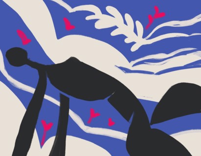 Woman Silhouette black body on blue and white background. Expressionism and Matisse painting style with plant and flower. art for print and poster