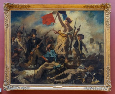Paris, France - 21 05 2021: Louvre Museum. Denon wing. Liberty leading the people painting by Eugene Delacroix