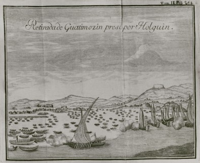 Engraving depicting the capture by the Spaniards of Guatimocín (1496-1525), the last emperor of the Aztecs, as he attempted to flee Tenochtitlán in a canoe on 13 August 1521. He was overtaken by a Spa...