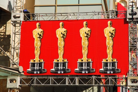 A banner depicting the Oscars hangs over Hollywood Boulevard prior to the start of the Academy Awards ceremony at the Dolby Theater in Hollywood