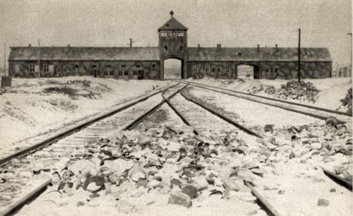 The railway and main entrance to Auschwitz concentration camp taken after its liberation by the Rd Army in 1945.