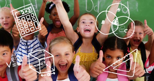 Image of mathematics concept icons against diverse students showing thumbs up at elementary school
