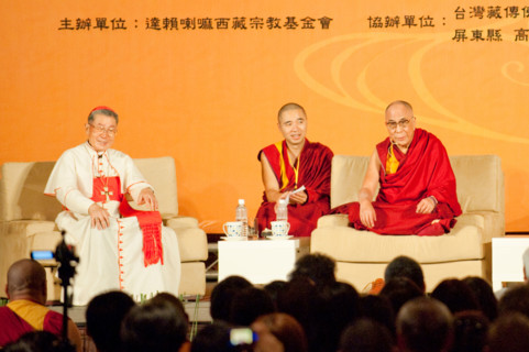 Dalai Lama and Cardinal Shan Kuo talk and pray for the victims of Typhoon Morakot, Kaohsiung City, Taiwan, September 2, 2009