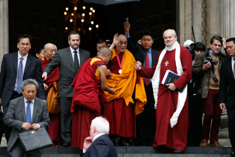 The 14th Dalai Lama (L) leaves with Richard Chartre the Bishop of London (R)  St. Paul s Cathedral, London 14 May 2012