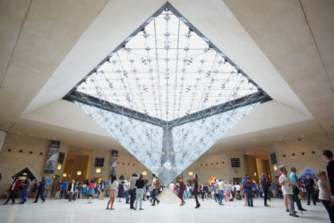 Paris, Inverted pyramid in the shopping mall 'Carrousel du Louvre' with people