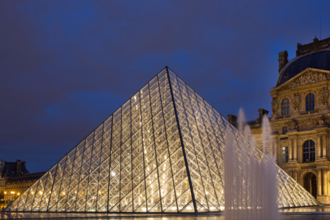 The main (Pyramid) entrance of the Louvre, Paris, France.
