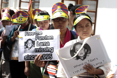 Dharamshala, India. 17th May, 2017. Tibetan budhist nuns participating in protest march as they are holding placards of their religious leader Gedhun Choekyi Nyima, the 11th Panchen Lama, who was put ...