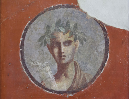 Medallion with a male portrait of a young poet awarded a garland for taking part in a literary contest depicted in the Roman fresco from the House of the Cenaculum (Casa del Cenacolo) in Pompeii (1-79...