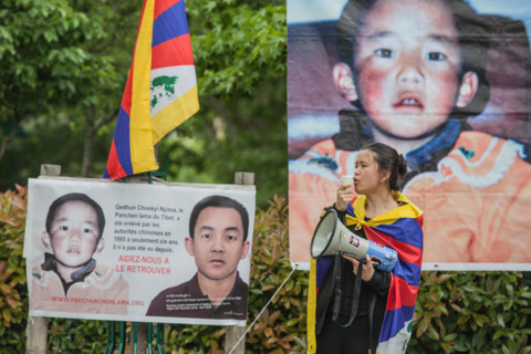 Tibetans and supporters protest near the Chinese Embassy in Paris, against the abduction of the 11th Panchen Lama. Gedhun Choekyi Nyima was recognised by the Dalai Lama as the 11th Panchen Lama on 14 ...