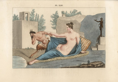 Fresco from Pompeii: a lascivious satyr gets a shock when he peeps at a sleeping beauty and discovers her a hermaphrodite. In the background is a statue of Hermes in petasus (sun hat), with drinking h...