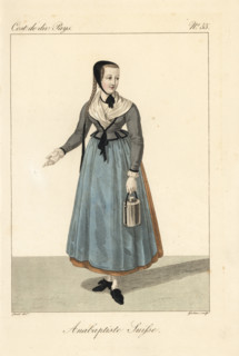 Anabaptist milkmaid of the Canton of Basel, Switzerland, 19th century. She carries a pail of milk and wears a simple cornette cap, braided hair tied with a ribbon.