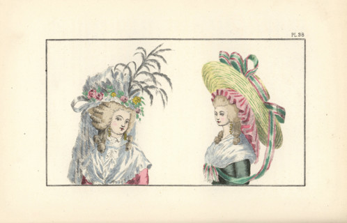 Bonnet a l'Iphigenie, a pouf in white gauze with flowers inspired by the 1779 opera by Gluck, and chapeau a la Colette, straw hat decorated with ribbons. Handcoloured lithograph from Fashions and Cust...