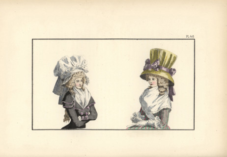 Woman in redingote in black wool with two collars, bonnet a la grande pretesse with artificial roses, and woman in striped taffeta robe, fichu, large yellow gauze chapeau tied with violet ribbon. Hand...
