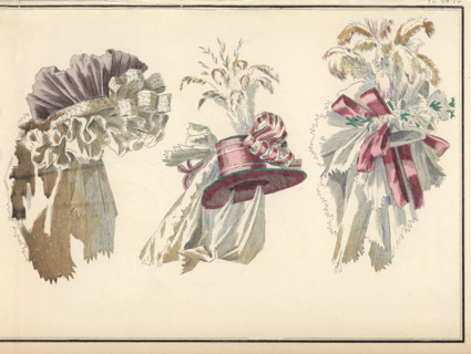Fashionable hats of 1788. Demi-bonnet in violet gauze with white frills, hat in pink taffeta with ribbons, gauze and feathers, and a pouf in Italian gauze with ribbons and plumes. Handcoloured lithogr...