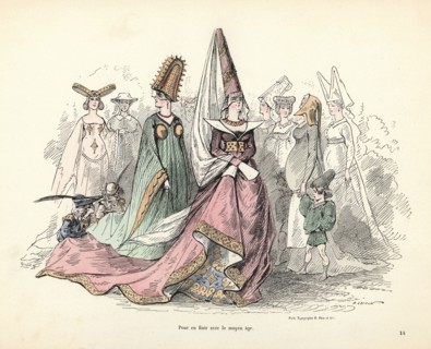 Caricatures of costumes of women and children in the middle ages, France. They wear elaborate hennin hats with veils, long robes with embroidered hems. Page boys in feather caps attend them. Pour en f...