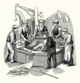 An old engraving showing men working at a hatmaker’s battery used in the production of felt hats. It is from a Victorian mechanical engineering book of the 1880s. The battery is a boiler or kettle con...