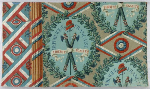 République Française Liberté Égalité, Block printed on handmade paper, Wallpaper designed for the French Revolution, illustrated with oak leaf wreath enclosing crossed fasces, sword & Phrygian cap. Tr...
