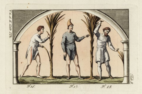 Anglo-Saxon labourer and farmers. Laborer (or slave) in simple open tunica without a belt (16), a farmer (or free man) in tunica and Phrygian hat (17) and a high-rank farmer in knee-length tunica and ...