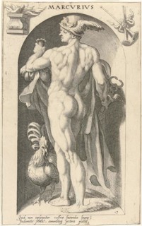 Mercurius; Marcvrivs; Antieke Goden.An image of the God of Trade Mercury, placed in a niche. Mercury bears his typical attributes the winged sandals and the winged helmet the petasus. In his hand he h...