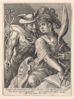 Mercury and Minerva; Gods and goddesses as loved ones. Mercury and Minerva as loved ones. Mercury wears his winged helmet the petasus. He holds the caduceus in his hand. He declares his love to Minerv...