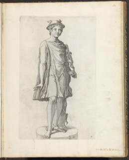 Statue of Mercury; Galleria Giustiniana del Marchese Vincenzo Giustiniani I. Statue of Mercury with petasus on the head and caduceus in hand. The coat of arms of Vincenzo Giustiniani is hanging on the...