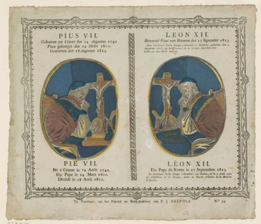 Pius VII / Pie VII / Leon XII / Léon XII. Two oval performances. On the left the praying pope Pius VII at a table with crucifix, right the praying pope Leo XII at a table with crucifix. Above and belo...
