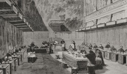 Pope Leo XIII (1810-1903). Italian pope (1878-1903). Born Vincenzo Gioacchino Pecci. The conclave for the election of Pope Leo XIII. Voting in the Sistine Chapel. Engraving. La Ilustración Española y ...