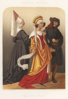 Three Flemish costumes, 15th century. Woman in hennin with veil and wimple, woman in bonnet and cracows, and man in chaperon and velvet coat with dagger. After German engraver and painter Israel von M...