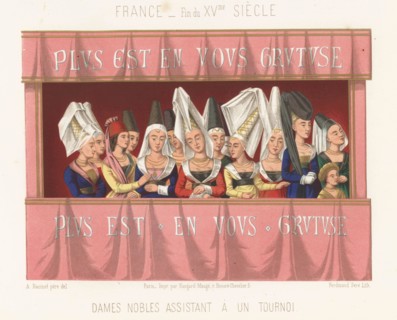 Noblewomen watching a tournament, France, end of the 15th century. They wear tall hennin hats with veils, and sit in a pink-draped box. Dames nobles assistant a un tournoi. France, fin du XVe siecle. ...