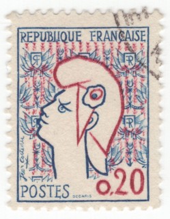 FRANCE - 1961  February 23: An 20 centimes blue and carmine postage stamp postage stamp depicting Marianne — national personification of the French Republic since the French Revolution, as a personifi...