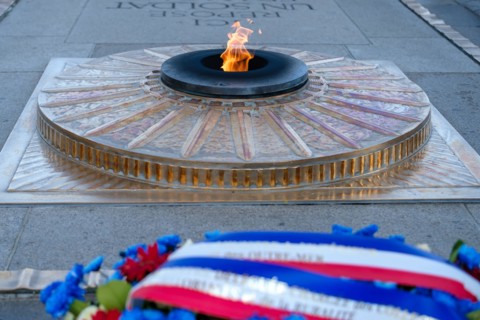 Paris, France - June 25, 2023 : View of the eternal flame at the tomb of the unknown soldier at the Arc de Triomphe in Paris France
