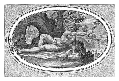 Mercury, Crispijn van de Passe (I), 1592 Landscape with Mercury and his symbol the rooster. Roosters usually pull Mercury's chariot. Mercury wears his