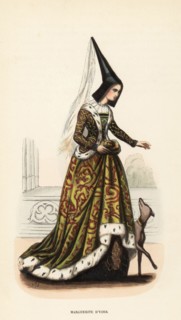 Margaret of York, or Margaret of Burgundy, Duchess of Burgundy, 1446-1503. In tall conical hat or hennin with long veil, ermine-trimmed embroidered robe and skirts, walking with a dog. From the manusc...