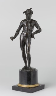 Mercury, Hendrick de Keyser (I), 1611 Mercury stands on a square stand, rest on the right leg and has placed the left forward. The upper body leans slightly slightly backwards, the head a little forwa...