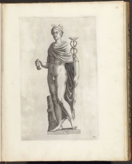 Statue of Mercury with Caduceus and Bag Money, 1636 - 1647 print Mercury statue with petasus on the head. In the left hand de Caduceus, a bag of money in the right hand. On the base the coat of arms o...
