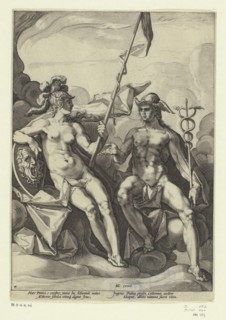 Minerva en Mercurius, Jacob Matham (attributed to), after Hendrick Goltzius, 1588 print Minerva with helmet, sword and banner in conversation with Mercury, with Caduceus and winged hat (petasus).  pap...