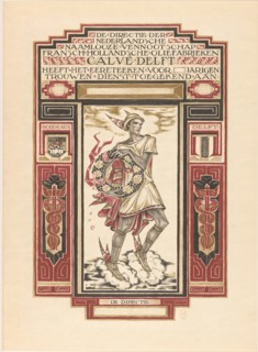 Design for: diploma for loyal service at Calvé-Delft, Richard Nicolaüs Roland Holst, 1924 print. certificate Hermes, recognizable by his winged sandals and petasus (hat), which holds a flower wreath. ...