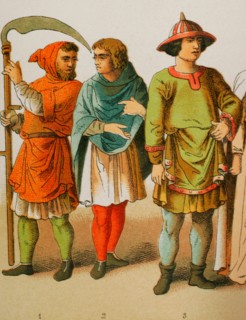 History of France, 1100. From left to right, 1-2: ploughmen, 3: nobleman. Chromolithography. "Historia Universal", by César Cantú. Volume V, 1884.