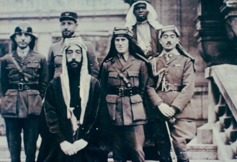 English Colonel Thomas Edward Lawrence aka Lawrence of Arabia (second from right) with the Arab delegation to the Paris Peace Conference, France 1919