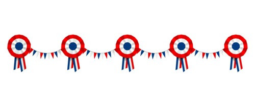web banner, frieze with cockades and tricolor pennants for July 14, France's national holiday - 3D rendering
