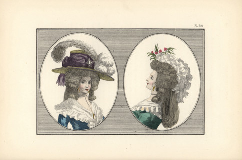 Woman in English-ingenue headdress with feathers, and woman with hedgehog hairstyle and lazy-woman bonnet.
