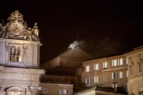 Vatican City, Rome, Italy, 13rd March, 2013. Cardinal Bergoglio is the new Pope Francis I. White smoke from the chimney above the Sistine Chapel in Rome. The 115 Cardinals electors have chosen the new...