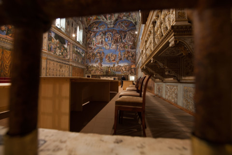 Behind the Scenes at the Sistine Chapel, March 13, 2013, as it readies for the Conclave that welcomes Pope Francis.