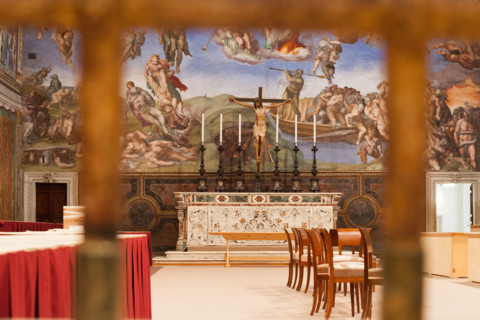 Behind the Scenes at the Sistine Chapel, March 13, 2013, as it readies for the Conclave that welcomes Pope Francis.
