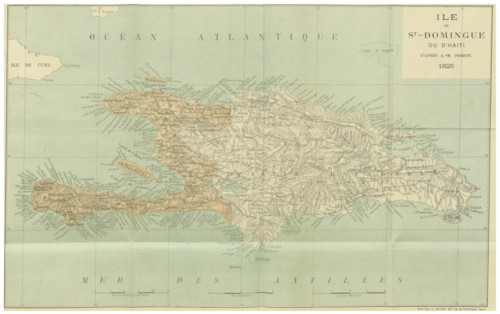 This 1825 illustration offers a view of the island of Saint-Domingue (now Haiti), depicting its landscapes, colonial settlements, and the geography of the Caribbean during the early 19th century.