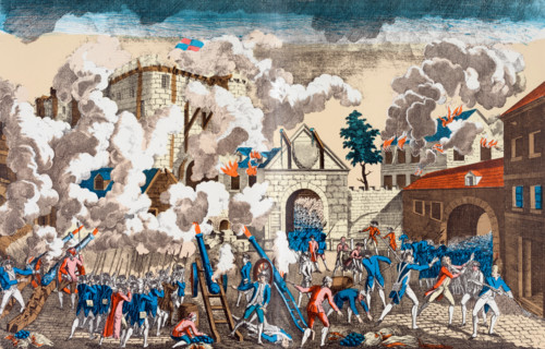 The Storming of the Bastille, Paris, France, 14 July 1789,  portrayed here as being stormed by the military.  After a contemporary work.