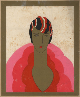 Woman in cloche hat and pink dress in gold frame, 1926.
