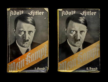 Volume 1 and 2 of the German book Mein Kampf / My Struggle, autobiographical manifesto by Nazi leader Adolf Hitler