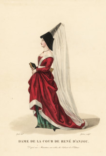 Woman of the court of Rene d'Anjou or Rene I of Naples, 1409–1480. She wears tall hennin conical hat with veil, red velvet dress over green petticoat. After a miniature on vellum in the editor's colle...