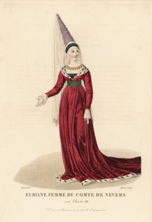 Euriant of Savoy, mistress of the Count of Nevers. The story of the beauty Euriant and Gerard de Nevers was related in La Roman de la violette by the poet Gerbert de Montreuil. She wears a high hennin...